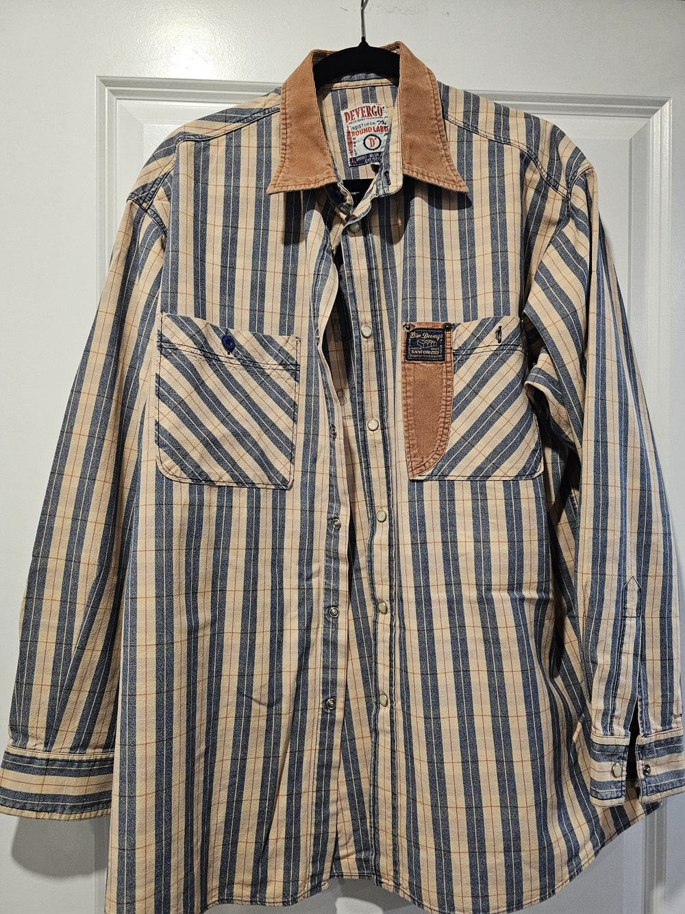 Men’s Blue and Tan Striped Button-Down Shirt with Contrast Collar
